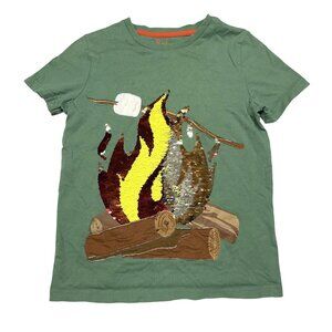 Mini Boden Campfire Tee 8-9 Flip Sequin Appliqué Green 100% Cotton Short Sleeve